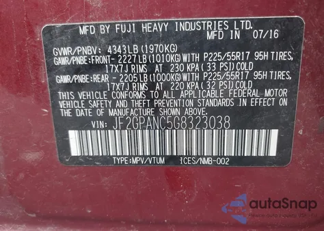 2016 Subaru Crosstrek Limited z USA, uszkodzony, nr VIN JF2GPANC5G8323038